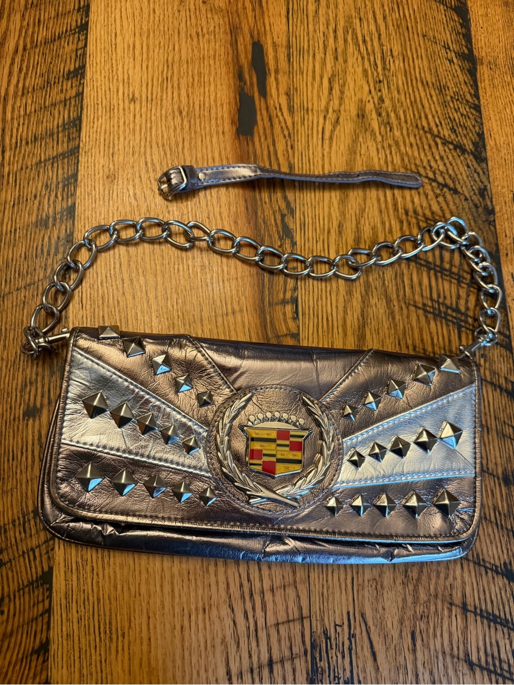 Cadillac Purse Silver Patent Leather Studded Pattern Emblem Shoulder Bag Clutch